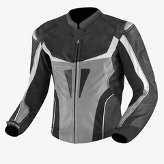 black and grey motorcycle leather jacket front view with modern sport design