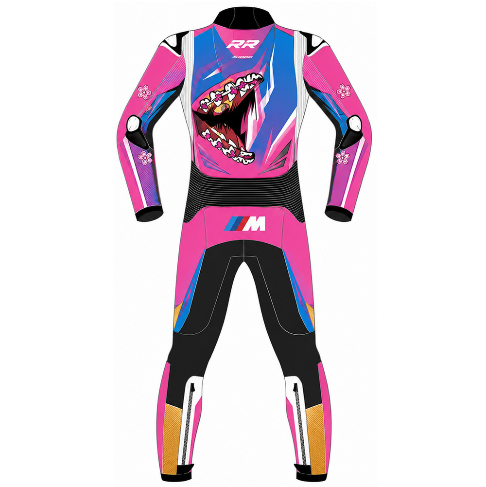 Personalized motorcycle leather racing suit back design with custom graphics