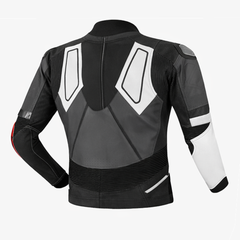 rear view of black white riding jacket with structured panels and ergonomic fit