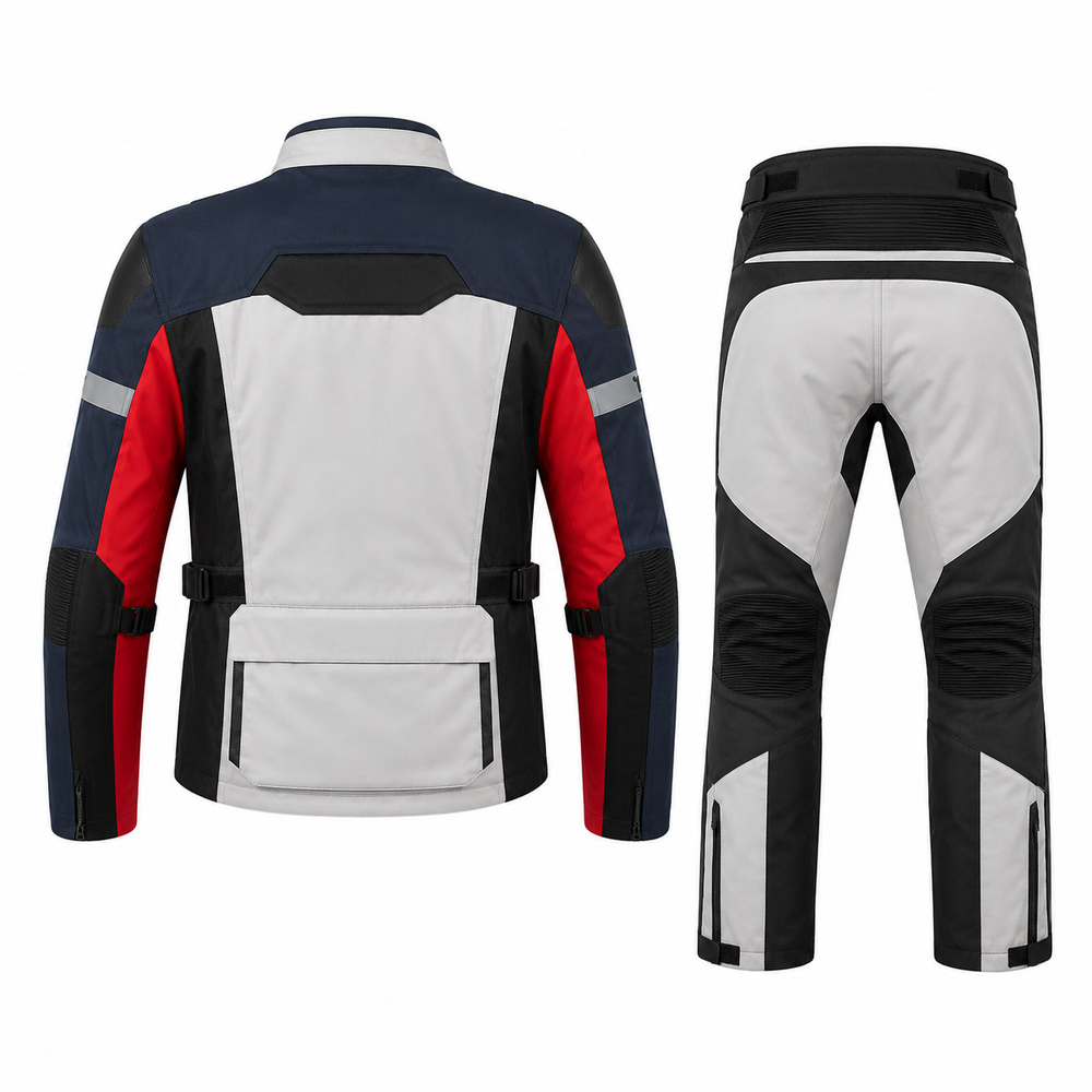 Rallye adventure touring textile motorcycle suit back view in grey, navy and red with reflective panels, cargo pants and CE armor