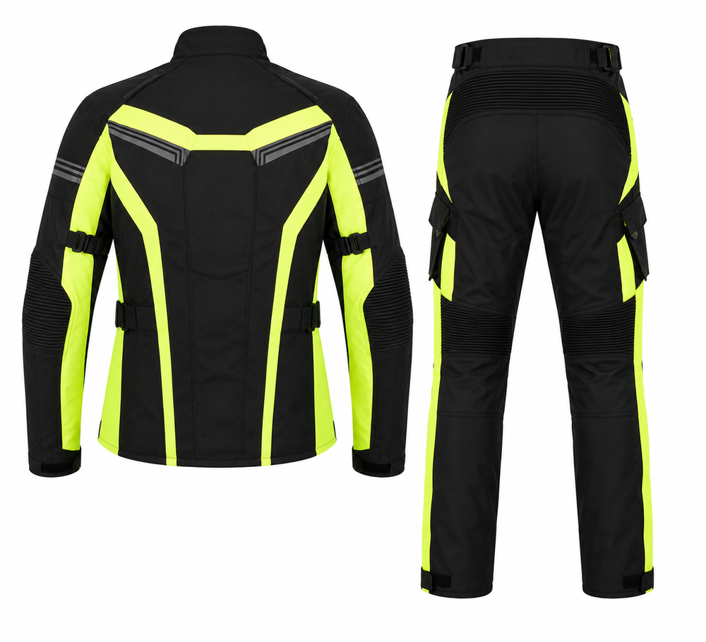 Rallye adventure touring textile motorcycle suit back view in hi-viz yellow and black with reflective panels, cargo pants and CE armor