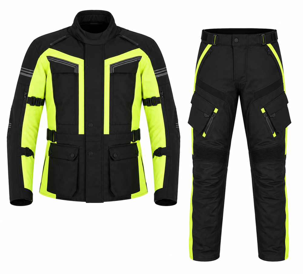 Rallye adventure touring textile motorcycle suit front view in hi-viz yellow and black with cargo pockets, CE armor, ADV jacket and pant set