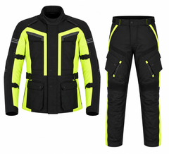 Rallye adventure touring textile motorcycle suit front view in hi-viz yellow and black with cargo pockets, CE armor, ADV jacket and pant set