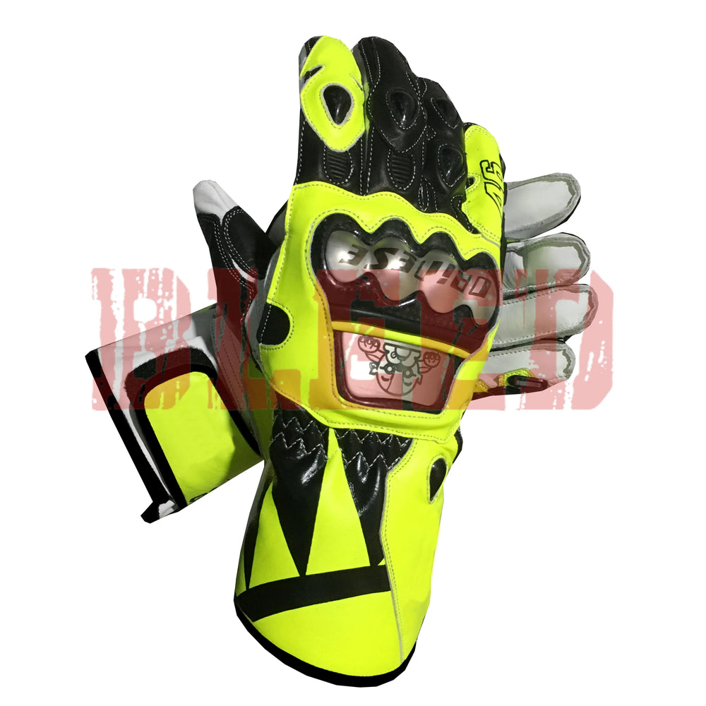 Valentino Rossi VR46 motorbike leather racing gloves back view