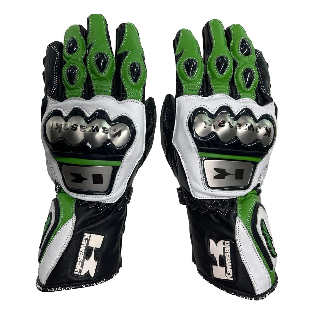 Kawasaki Ninja racing leather motorcycle gloves front view