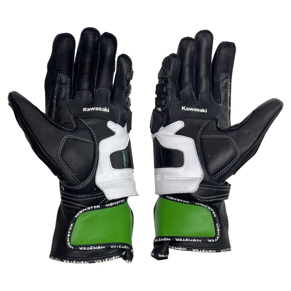 Kawasaki Ninja racing leather motorcycle gloves back view