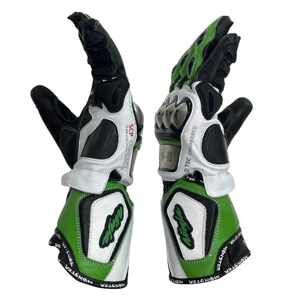 Kawasaki Ninja racing leather motorcycle gloves detail view