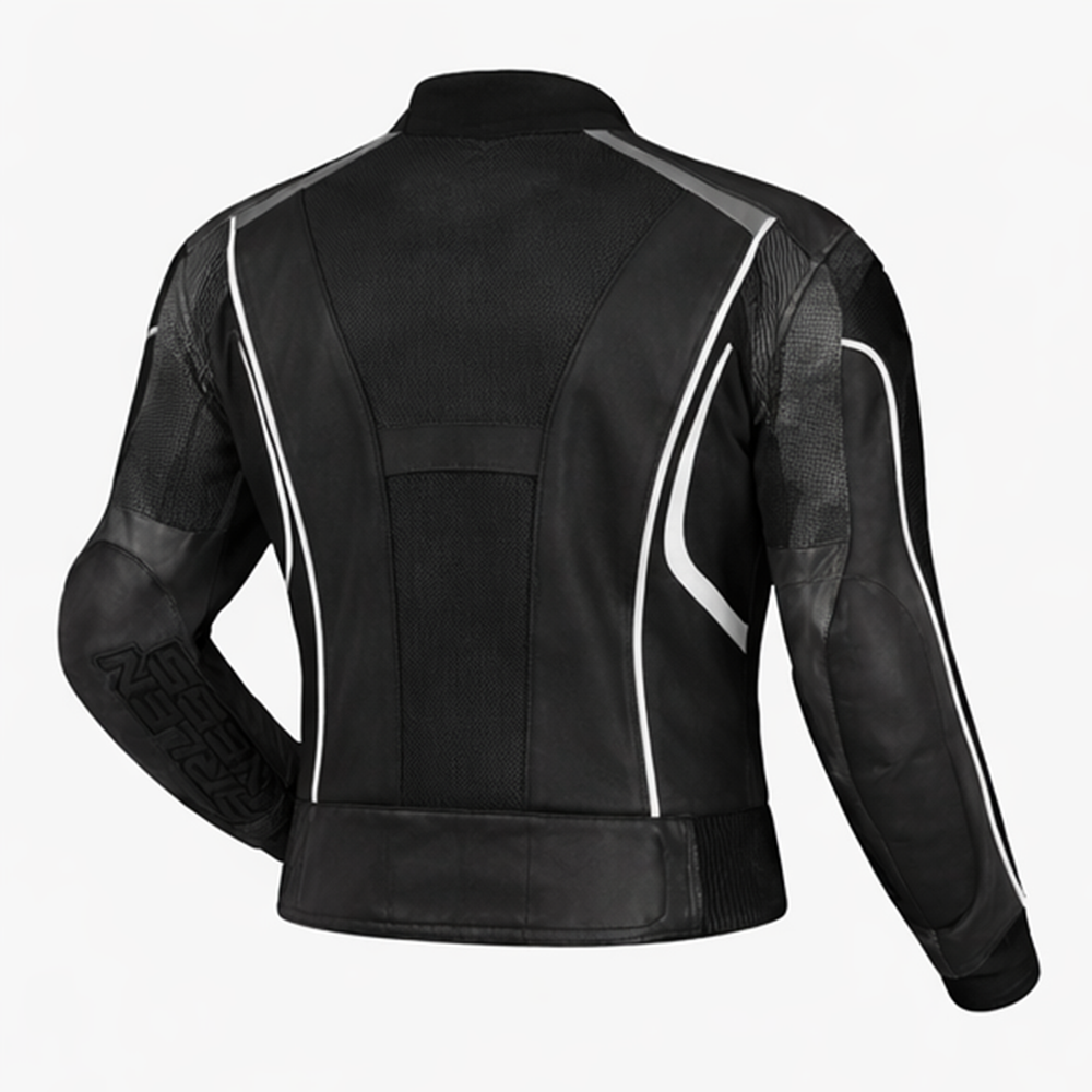 rear view of black riding jacket with subtle reflective lines and ergonomic panels