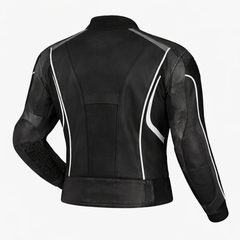 rear view of black riding jacket with subtle reflective lines and ergonomic panels