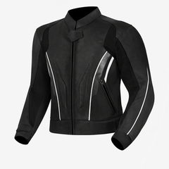 all black motorcycle leather jacket front view with minimal sport design