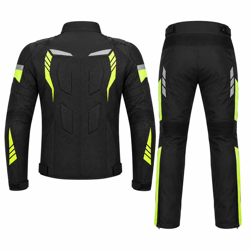Sport touring textile motorcycle suit back view in black and fluoro yellow with reflective panels, padded armor and CE protection