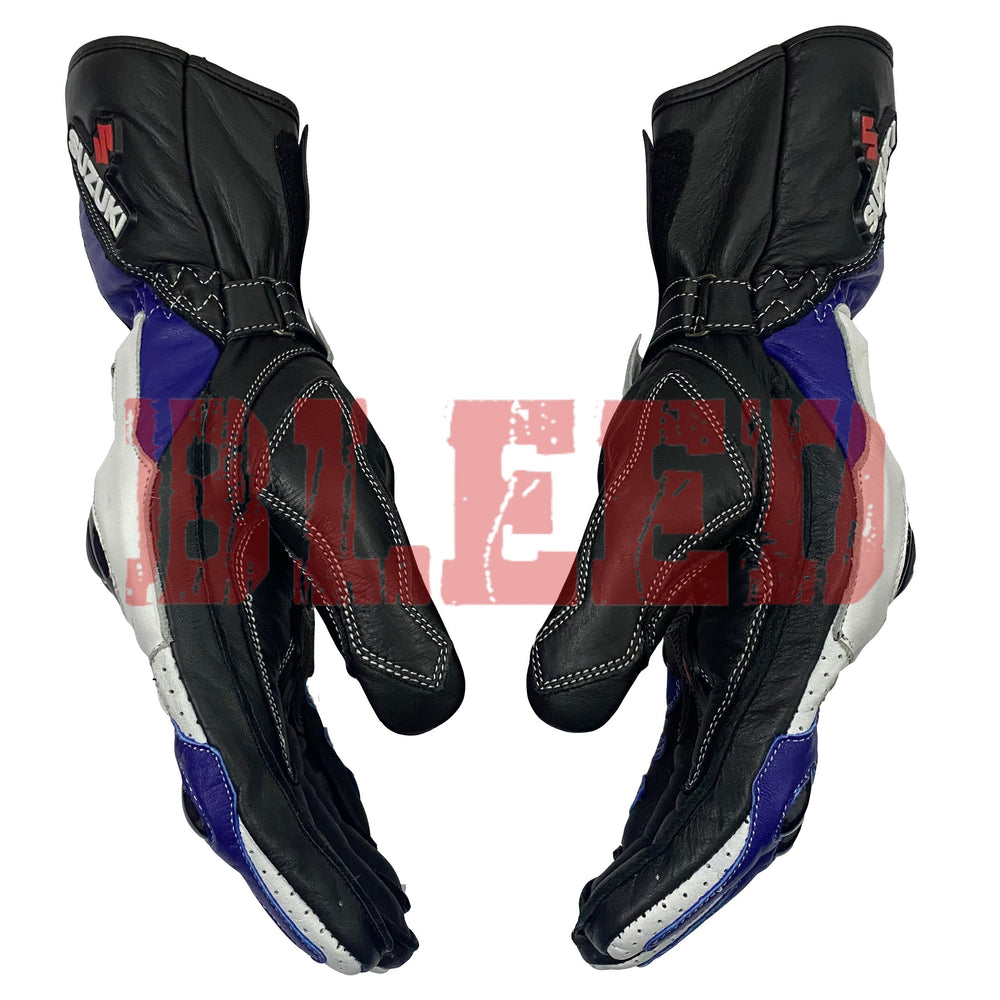 Suzuki GSX-R blue motorbike leather racing gloves detail view
