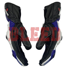 Suzuki GSX-R blue motorbike leather racing gloves detail view