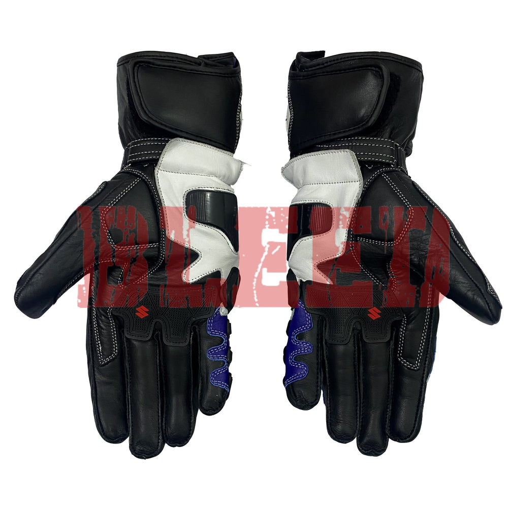 Suzuki GSX-R blue motorbike leather racing gloves palm view