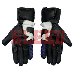 Suzuki GSX-R blue motorbike leather racing gloves palm view