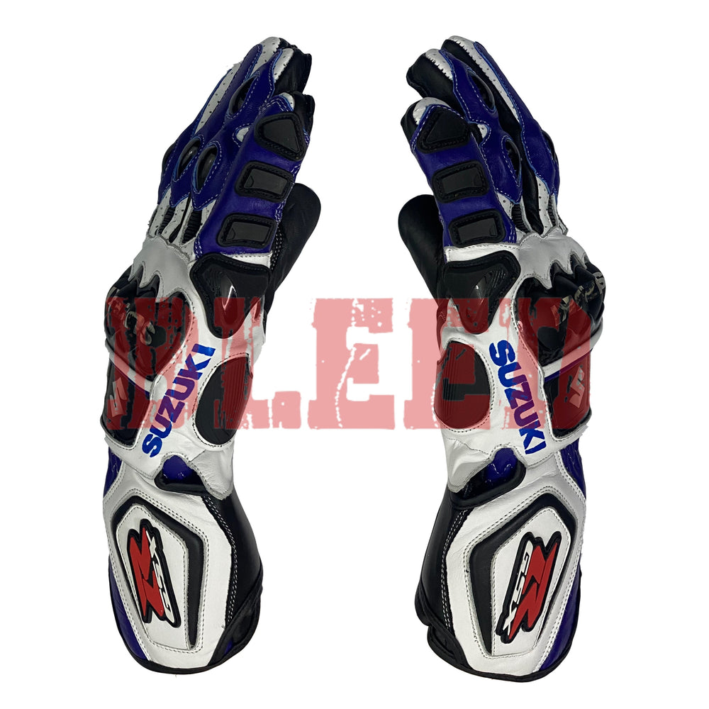 Suzuki GSX-R blue motorbike leather racing gloves back view