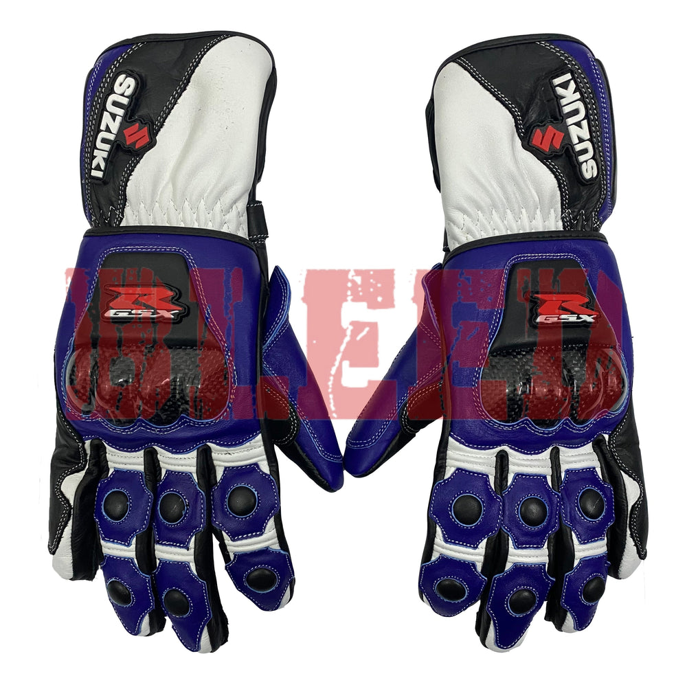 Suzuki GSX-R blue motorcycle leather racing gloves pro front view