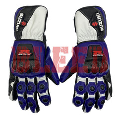 Suzuki GSX-R blue motorcycle leather racing gloves pro front view