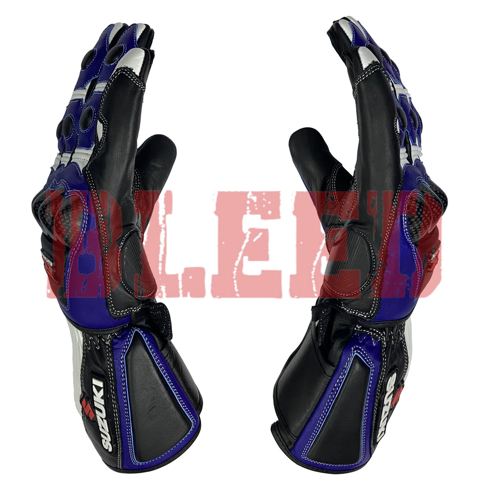 Suzuki GSX-R blue motorcycle leather racing gloves pro palm view