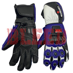 Suzuki GSX-R blue motorcycle leather racing gloves pro back view