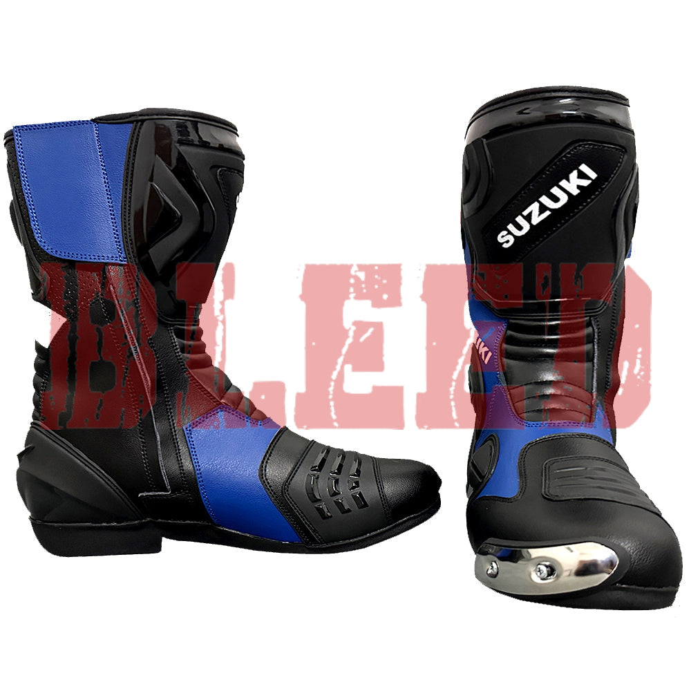 Suzuki GSX-R motorbike leather riding boots detail view