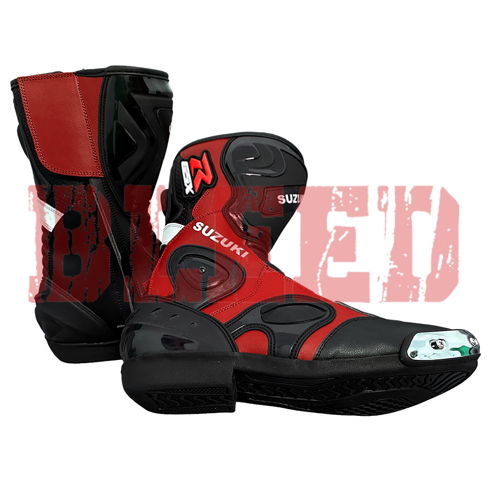 Suzuki GSX-R MotoGP motorbike leather riding boots detail view