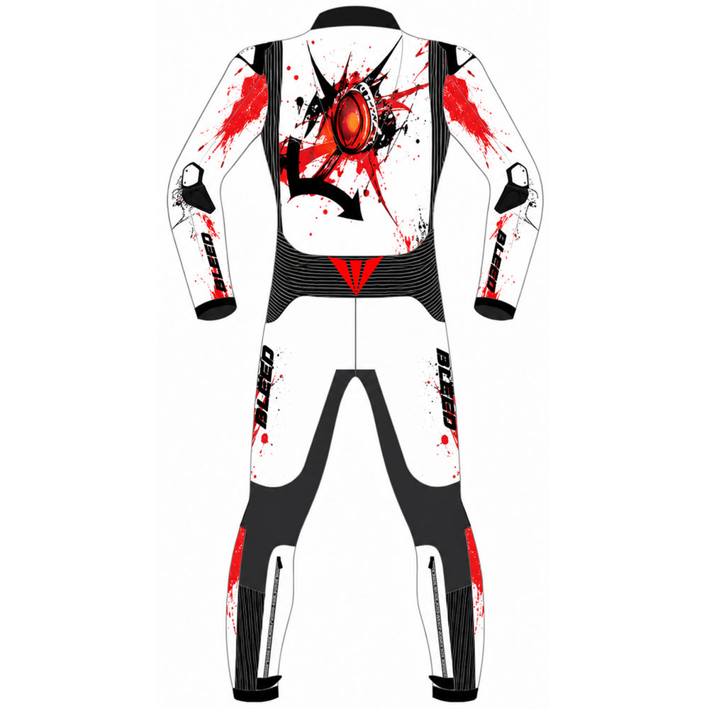 A full-body rear view of a one-piece racing suit or jumpsuit shown on a plain white background. The suit is primarily white with black panels and graphic details, including a large red and black back print resembling a stylized eye or skull motif, plus red splatter graphics on the shoulders and upper legs.