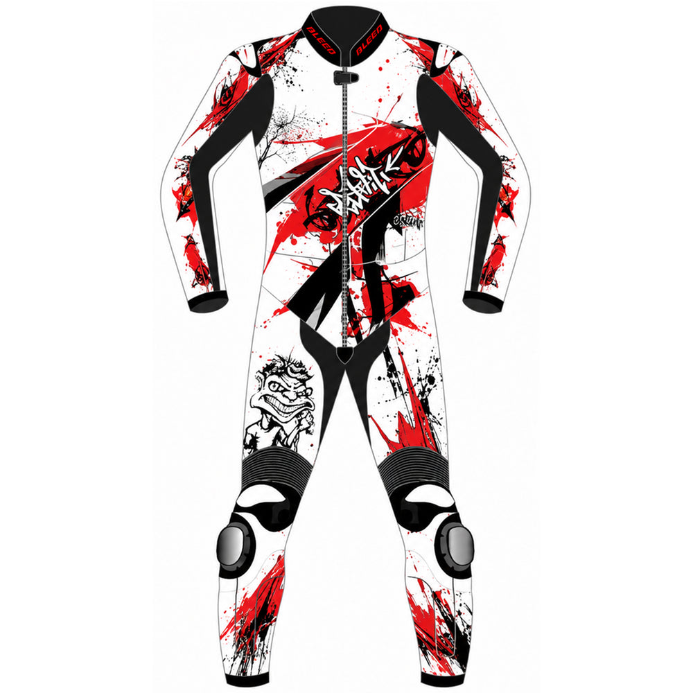 A full-body one-piece suit with a front zipper, featuring a white base with bold red paint splatter graphics and black sections on the sleeves, shoulders, and legs. The design includes a stylized skull graphic on the left thigh and a black script logo on the chest.