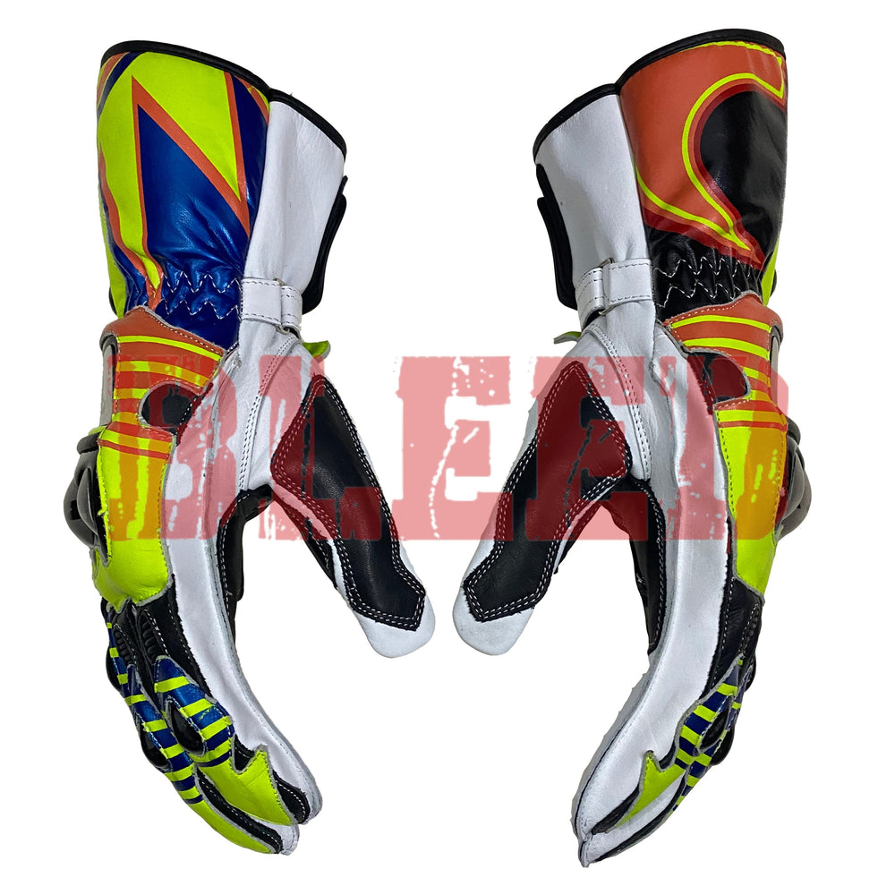 Valentino Rossi premium motorcycle leather racing gloves detail view