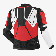 rear view of black red white riding jacket with ventilation panel and structured fit