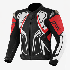 black red white motorcycle leather jacket front view with aggressive racing design