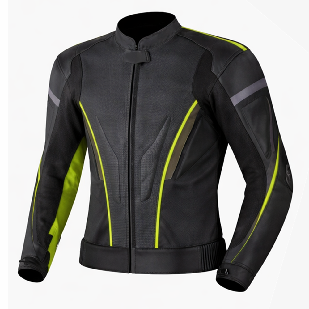 black and neon yellow motorcycle leather jacket front view with aerodynamic design