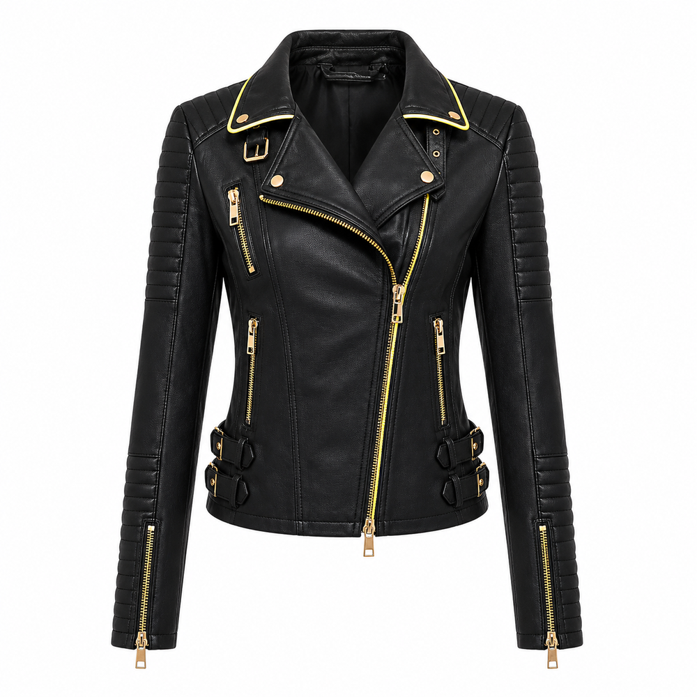 Women's black and gold cowhide leather biker jacket front view with gold hardware asymmetric zip and yellow collar piping