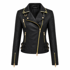 Women's black and gold cowhide leather biker jacket front view with gold hardware asymmetric zip and yellow collar piping