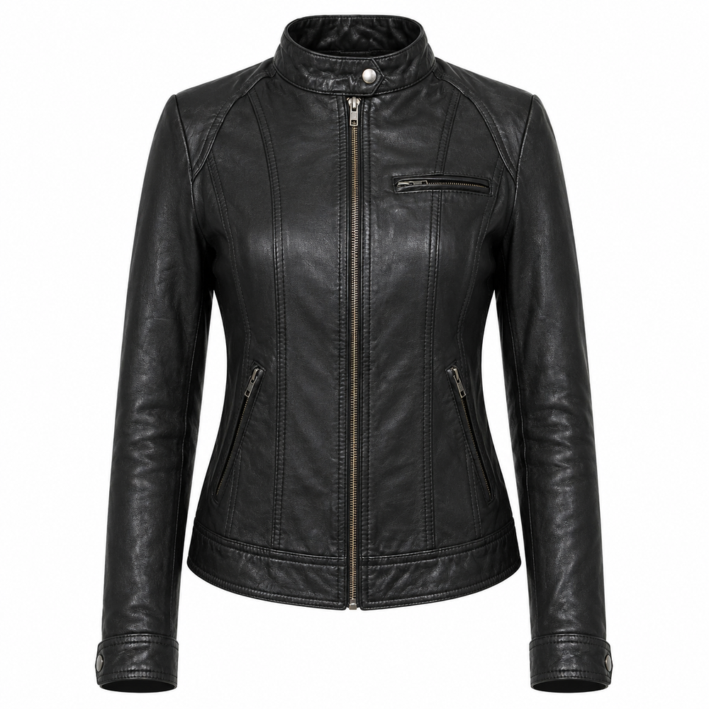 Women's black moto cowhide leather motorcycle jacket front view with notch lapels dual chest zip pockets and center zip