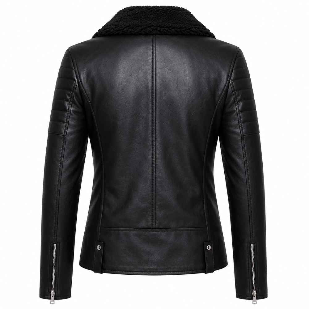 Women's black shearling collar cowhide leather biker jacket back view with quilted arm panels and zip cuff vents