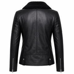 Women's black shearling collar cowhide leather biker jacket back view with quilted arm panels and zip cuff vents
