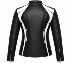 Women's black and white racing panel cowhide leather motorcycle jacket back view with white contrast panels and zip cuffs