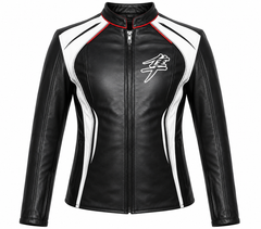 Women's black and white racing panel cowhide leather motorcycle jacket front view with red collar piping and full zip front