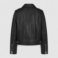 Women's classic Perfecto cowhide leather biker jacket back view with clean panel stitching and adjustable belt hem