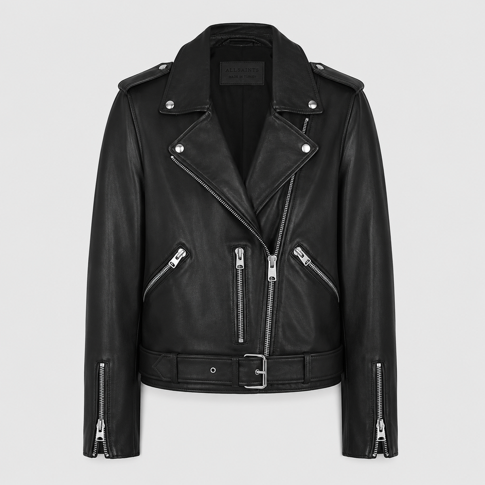 Women's classic Perfecto cowhide leather biker jacket front view with asymmetric zip wide lapels and waist belt