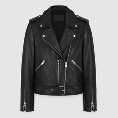 Women's classic Perfecto cowhide leather biker jacket front view with asymmetric zip wide lapels and waist belt