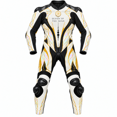 Front view of a women’s custom 1-piece kangaroo leather motorcycle suit in white, black and gold