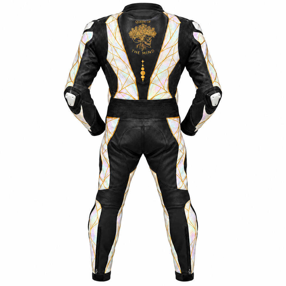 Back view of a women’s made-to-measure one-piece motorbike suit with personalized gold artwork