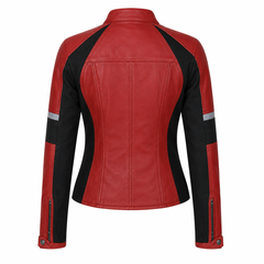 Women's red and black sport cowhide leather motorcycle jacket back view with stretch side panels and reflective strips