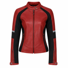 Women's red and black sport cowhide leather motorcycle jacket front view with reflective arm strips and band collar