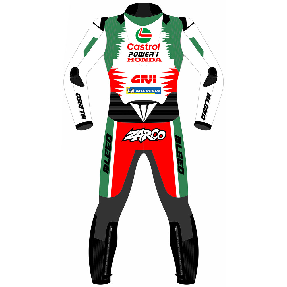 Johann Zarco Honda Castrol LCR 2024 MotoGP leather racing suit detail view